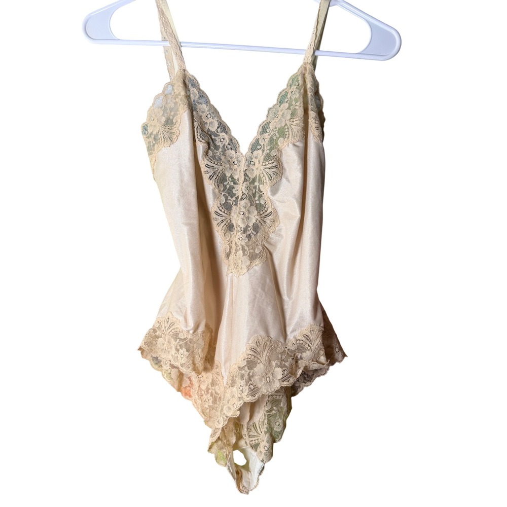 Guy Laroche Vintage Lace Trim Bodysuit Lingerie Beige Size M